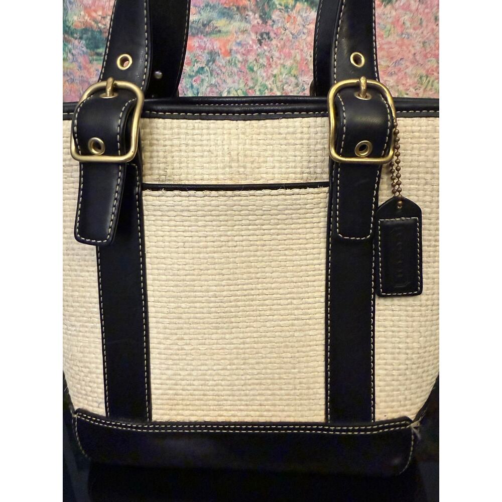EUC Vintage Coach 8908 Raffia Basket/Tote Bag Cream/Black - Picture 6 of 10